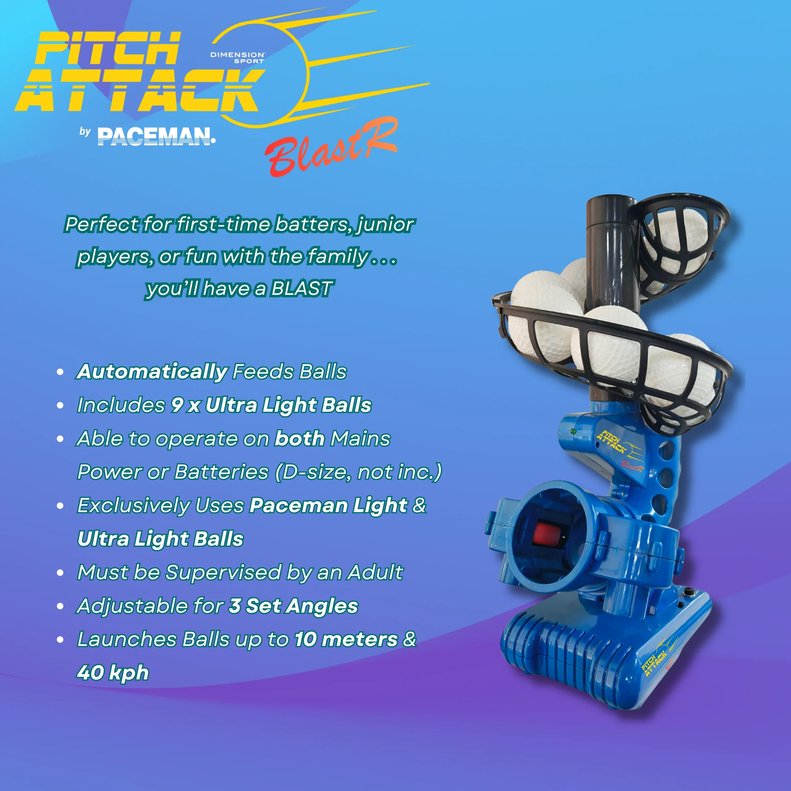 PACEMAN Pitch Attack BlastR Blaster Bowling Machine with 9 Balls - Image 2